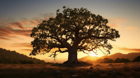 A majestic oak tree silhouetted against a vibrant sunset, creating a serene and peaceful landscape.の写真素材