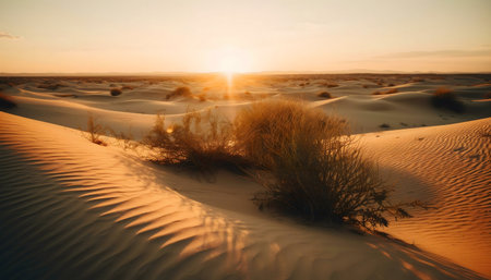 Stunning sunset casting golden light on desert dunes. Serene landscape.の写真素材