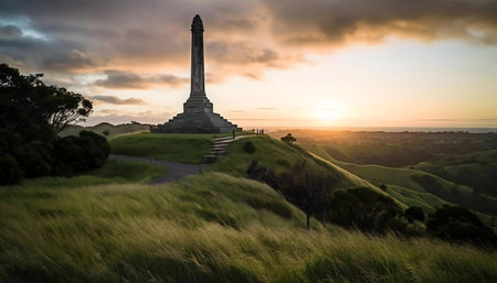 Stunning sunset view over rolling hills, featuring a tall monument.の写真素材