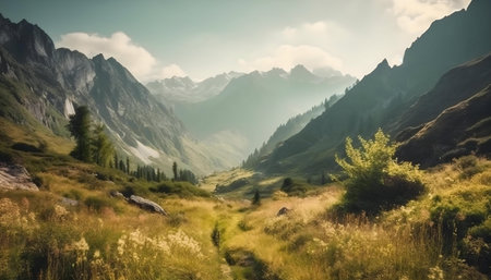 Serene mountain valley landscape with lush greenery.の写真素材