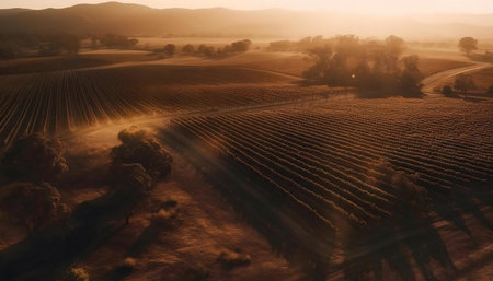 Golden hour illuminates rows of vines in a picturesque vineyard.の写真素材