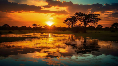 Stunning sunset over the Okavango Delta. The water reflects the fiery sky.の写真素材