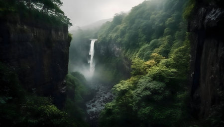 A stunning waterfall plunges down a lush green valley.の写真素材