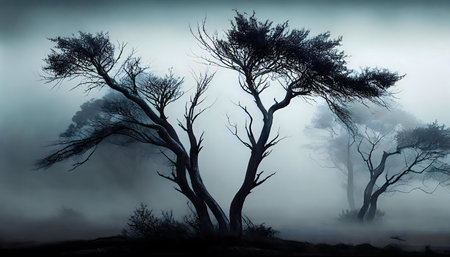 Silhouetted trees stand in a thick, misty morning. Eerie and serene.の写真素材