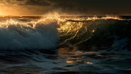 Majestic ocean wave illuminated by sunset's golden light.