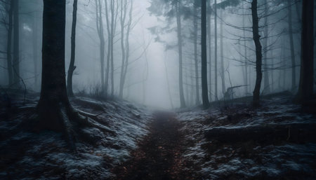 A mysterious path through a dense, foggy forest. The atmosphere is serene yet eerie.の写真素材
