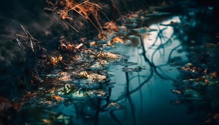 Serene autumn creek with golden leaves and deep reflections.の写真素材
