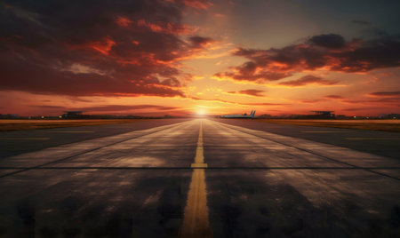 Airplane on a runway at sunset. Dramatic sky.の写真素材