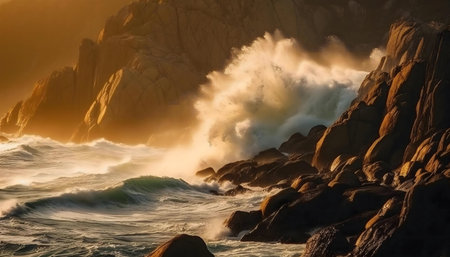 Majestic ocean waves during sunset crashing on a rocky coast.