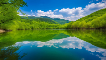 Picturesque lake reflecting mountains and sky.