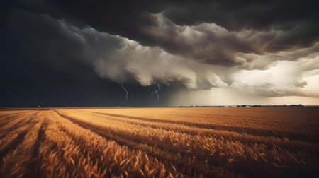 A breathtaking view of a stormy sky over a golden wheat field. Lightning strikes illuminate the...