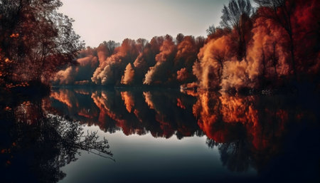 Autumn colors mirrored in a still lake. Serene forest sceneの写真素材