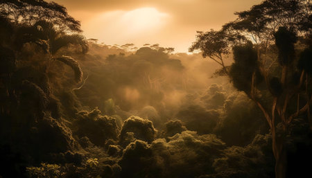Sunrise paints the rainforest in warm gold.