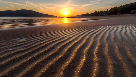Stunning sunset over a calm beach. Rippled sand reflects the golden light.の写真素材