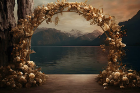 Rustic floral arch by a lake with mountainsの写真素材