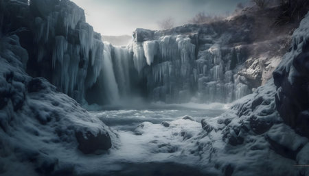 Majestic frozen waterfall, winter landscape. Stunning scenery.