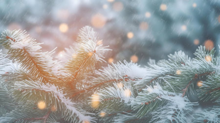 Close-up of snow-covered pine branches. Winter wonderland scene.