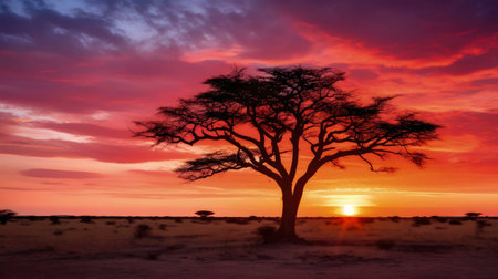 Stunning African sunset, featuring a lone acacia tree silhouetted against a vibrant, fiery sky. Serene and majestic.の写真素材