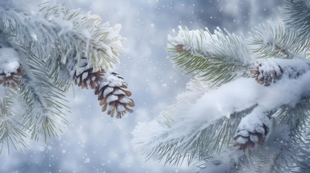 A serene winter scene featuring snow-laden pine branches and pinecones.