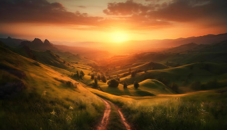 Serene sunset over rolling hills. Golden hour light bathes the landscape.の写真素材