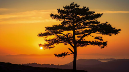 A solitary pine tree silhouetted against a vibrant sunset, overlooking a misty mountain range.の写真素材