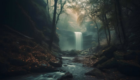 Misty forest waterfall, serene and magical.の写真素材