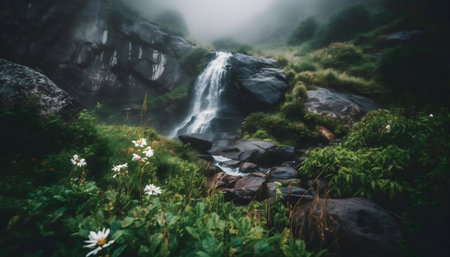 Serene waterfall cascading down a misty mountain, surrounded by lush greenery and wildflowers.