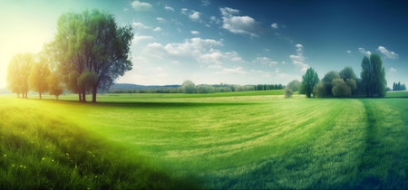 Picturesque spring meadow with vibrant green grass, lush trees, and a sunny sky.