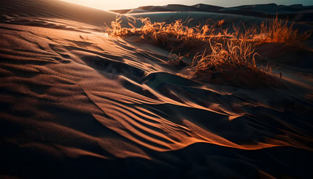 Golden sunset illuminating desert dunes and sparse grass. Warm tones and textured sands.の写真素材