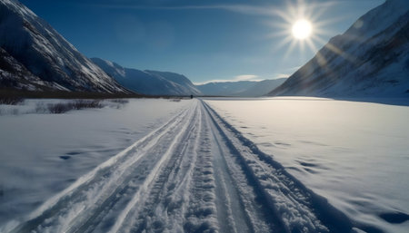 Stunning winter landscape. A snow covered path winds through a valley between majestic mountains, bathed in sunlight.の写真素材