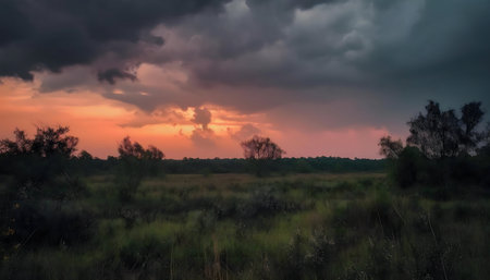A breathtaking sunset paints the sky with vibrant colors over a tranquil grassland.の写真素材