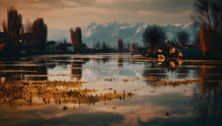 Picturesque sunset over Dal Lake with mountain reflection.の写真素材