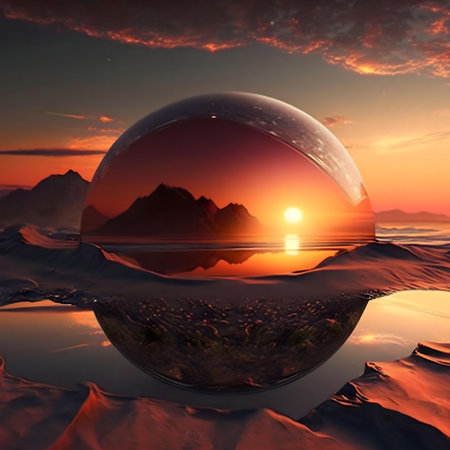 A glass sphere reflects a stunning desert sunset, mountains, and a tranquil lake. Serene and captivating.の写真素材
