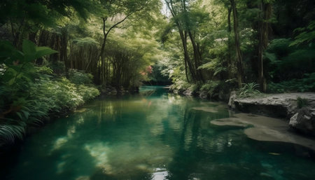 A tranquil river flows through a dense, green forest. Sunlight filters through the trees, creating a serene atmosphere.の写真素材