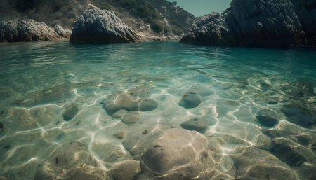 Serene underwater scene. Crystal clear water, sunlit rocks.