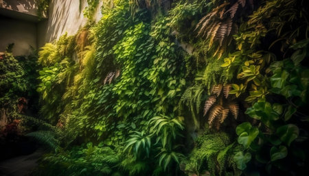 Vibrant green wall, lush foliage, indoor garden