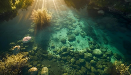 Stunning underwater view of a sunlit river, showcasing a serene scene of rocks and plants.