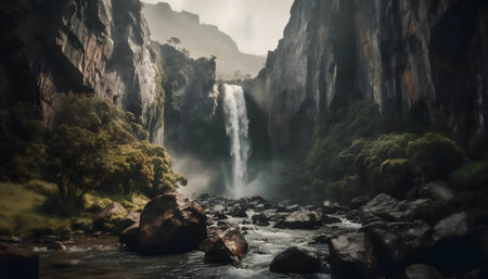 A breathtaking waterfall plunges down from a rocky gorge. Lush greenery and a misty atmosphere surround it.の写真素材