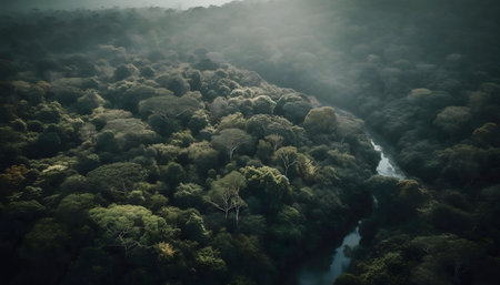 A breathtaking aerial shot of a vibrant rainforest with a winding river.の写真素材