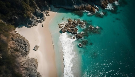 Stunning aerial shot of a secluded cove with pristine white sand beach, turquoise waters, and rocky cliffs.の写真素材