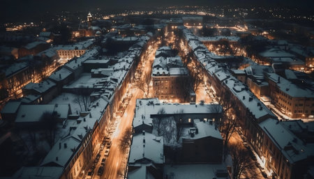 Aerial view of a snowy city at night. Illuminated streets and snow-covered rooftops create a magical winter scene.の写真素材