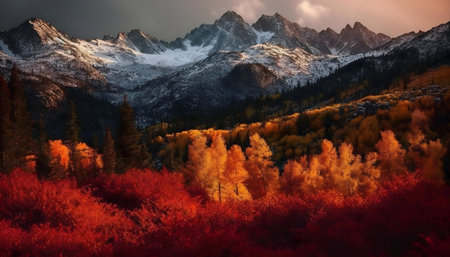 Majestic mountains, snow-dusted peaks, and a vibrant autumn forest. Breathtaking scenery.の写真素材