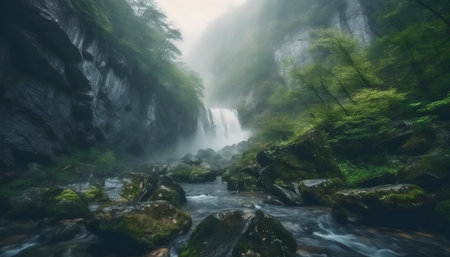 Misty waterfall cascading down a lush mountainside. Tranquil river flows through mossy rocks.の写真素材