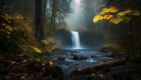 Misty autumn waterfall in a lush forest. Tranquil scene.