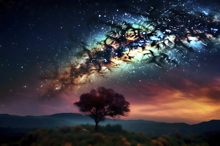 Lone tree under a vibrant night sky, milky way galaxy visible.の写真素材