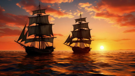 Two antique sailing ships gracefully navigate the ocean during a breathtaking sunset. Golden hour illuminates the scene.の写真素材