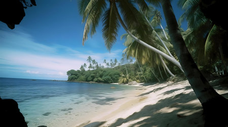Stunning tropical beach scene with palm trees and crystal clear ocean.の写真素材