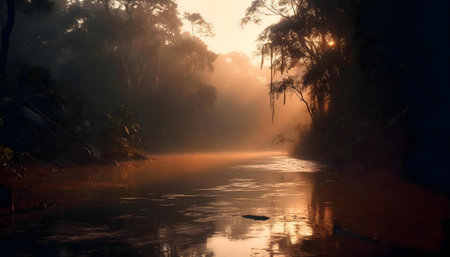 Misty river at sunrise, sunbeams through trees