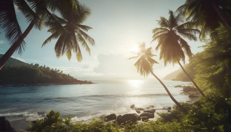 Stunning sunset view of a tropical beach with palm trees. Serene and peaceful scene.の写真素材
