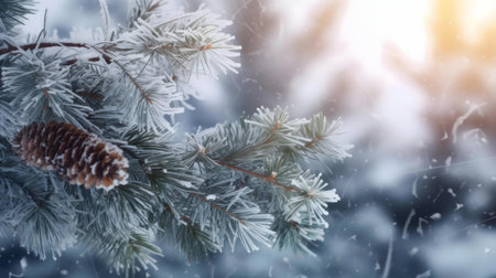 Close-up of a snow-covered pine branch with a cone. Winter wonderland scene.の写真素材